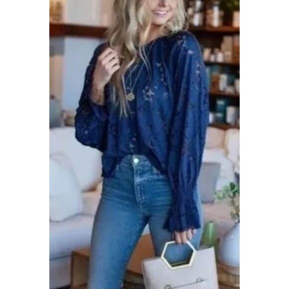 Free People Olivia Lace Blouse Blue Small Balloon Sleeves Feminine - Picture 3 of 9